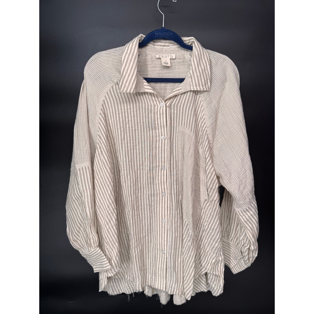 Festi Button Down Women 1 Tan EUC Striped Raw Hem Cotton Oversized Shirt